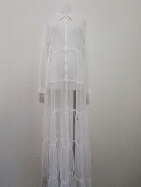 Vintage Spoon Jeans White Sheer Tiered Button-Down Maxi Dress 2XL